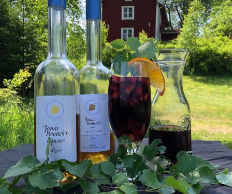 Sangria glas med Jonas Bronck's flaskor i naturen